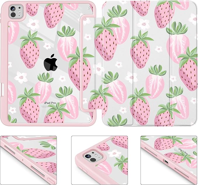 May Chen for iPad Pro 13 Inch Case M5 2025 / M4 2024, Built Pencil Holder & Clear Transparent Print Back Shell Slim Stand Shockproof Tablet Cover, Auto Wake/Sleep, Strawberries