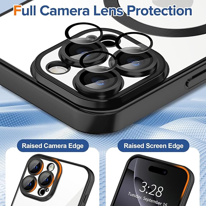 Hython Magnetic Clear for iPhone 16 Pro Max Case with Camera Lens Protector [Compatible with MagSafe] Plating Edge Slim Soft TPU Cover Protective Phone Case for iPhone 16 Pro Max 6.9", Matte Black