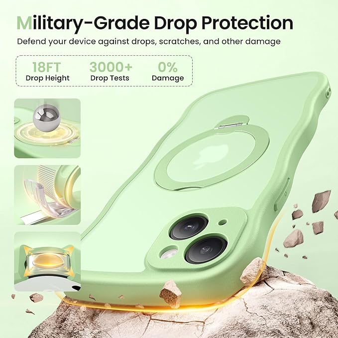 CAPRARO for iPhone 15 Plus Case with 360° Spin Magnetic Stand for Women, [Compatible with MagSafe] [Full Camera Protection] Cute Wave Translucent Matte Case for iPhone 15 Plus, Light Green