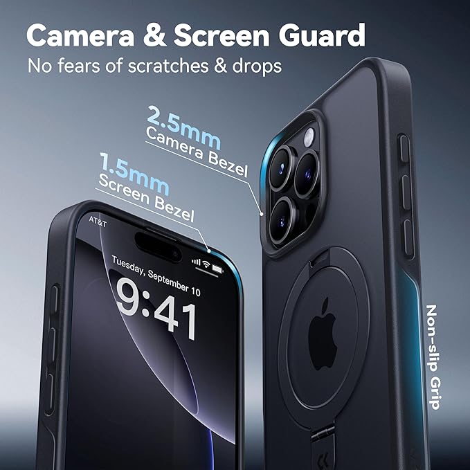 CASEKOO Ultra-Magnetic Stand for iPhone 16 Pro Case [Military Drop Protection] [Compatible with MagSafe] Shockproof Translucent Matte Slim Ring Holder Case for iPhone 16 Pro 6.3", Black