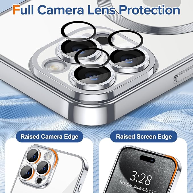 Hython Magnetic Clear for iPhone 15 Pro Case with Camera Lens Protector [Compatible with MagSafe] Luxury Plating Edge Slim Soft TPU Cover Protective Phone Case for iPhone 15 Pro 6.1", Silver
