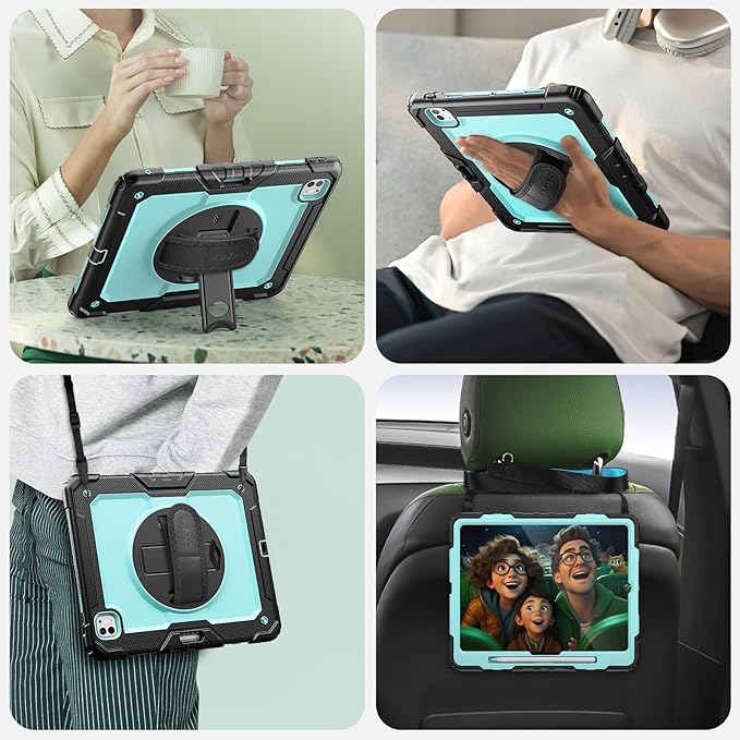 SEYMAC Case for iPad Pro 13 Inch M5 2025 / M4 2024, Heavy Duty Shockproof Protective Case with Screen Protector, 360° Rotating Stand, Hand/Shoulder Strap and Pen Holder, Light Blue