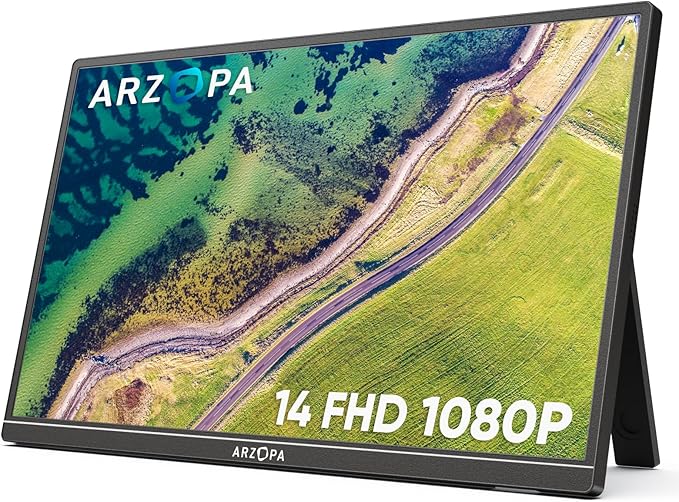 ARZOPA Portable Monitor Kickstand, 14.0" Ultra Slim Portable Laptop Monitor FHD 1080P External Display with Dual Speakers Second Screen for Laptop PC Phone Xbox PS4/5 Switch-A1S