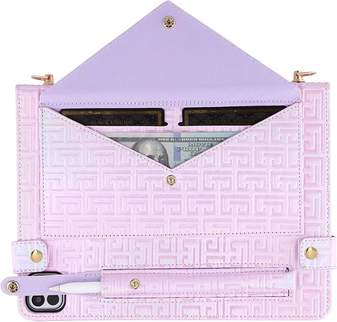 Shiny Case for iPad Pro 11" M5 M4 (2025/2024) Handbag Case, Techcircle Iridescent PU Leather Folio Envelope Pocket Stand Cover with Hand Strap+Shoulder Strap+Pencil Holder+Card Slots, Shiny Lilac