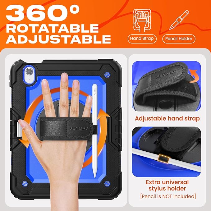 SEYMAC stock Case for iPad Air 11-inch M4-M2 2026-2024 (Gen 8-6), Shockproof Heavy Duty Case with Screen Protector, Pencil Holder, Rotating Stand, Hand Strap, Shoulder Strap, Blue