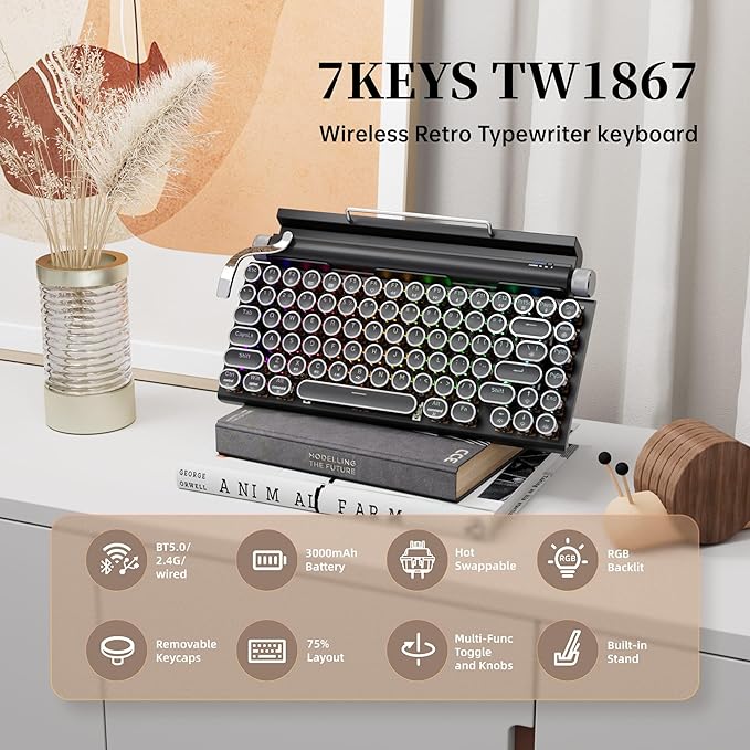 7KEYS Typewriter Keyboard Wireless Retro Style, Vintage Classical Mechanical Keyboard with Bluetooth for IPAD PC/Laptop Mac/Phone (Black+Wrist)