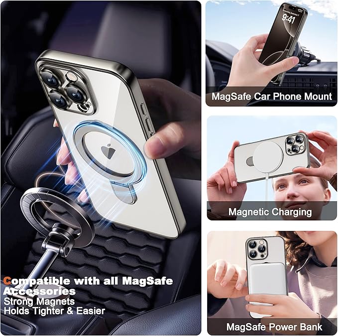Compatible with iPhone 16 Pro Max Case with Invisible Magnetic Ring Stand [Compatible with Mag-Safe] [Full Camera Lens Protector] Plating Clear Phone Case for iPhone 16 Pro Max 6.9", Grey