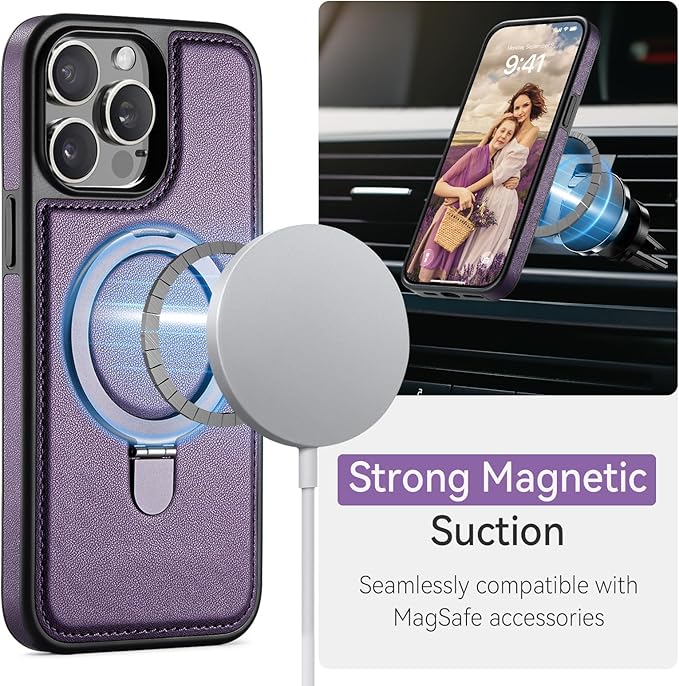 Compatible with iPhone 14 Pro Max Case with Stand, Compatible with MagSafe, Slim PU Leather & Durable TPU Protective Cover Drop-Proof with Tempered Glass Screen Protector 6.7", Purple