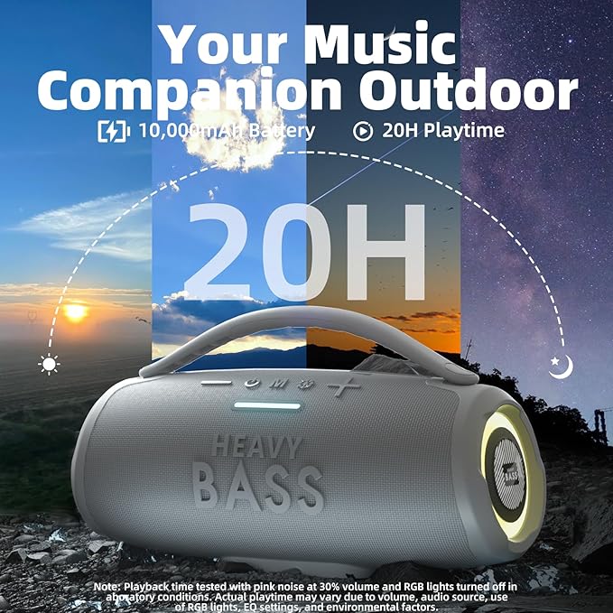 HEAVY BASS Speakers Bluetooth Wireless, 80W Max Loud Portable Speaker with Bass, 20H Playtime, IPX6 Waterproof, Dual Pairing, Gift Ideal for Adults Men Women Teen Boys Girls (Gray, Large)