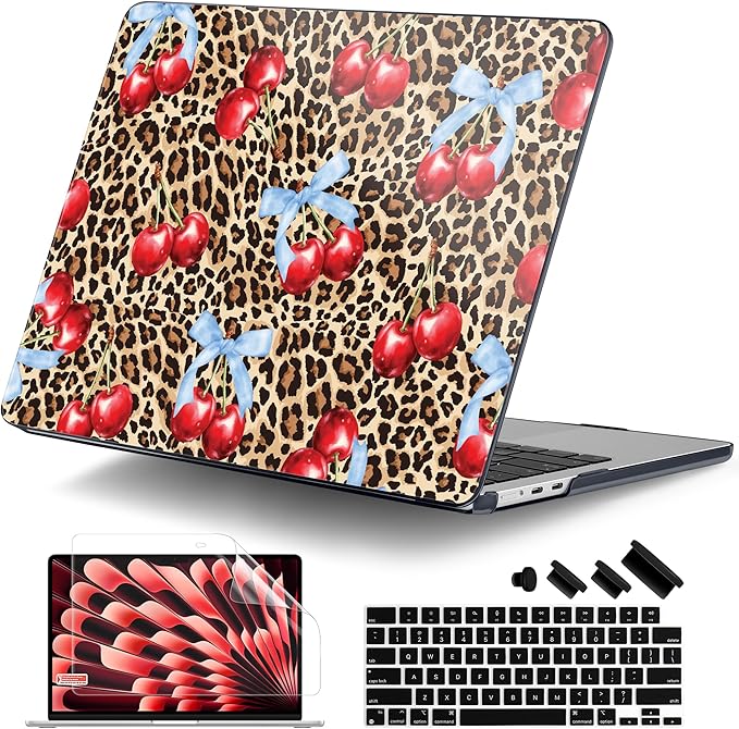 DONGKE Compatible with M5 MacBook Air 15 inch Case 2026 2025-2023 A3448 A3241 A3114 A2941 M4 M3 M2 Liquid Retina Display Touch ID, Protective Hard Shell Cover & Keyboard Skin - Leopard Cherry