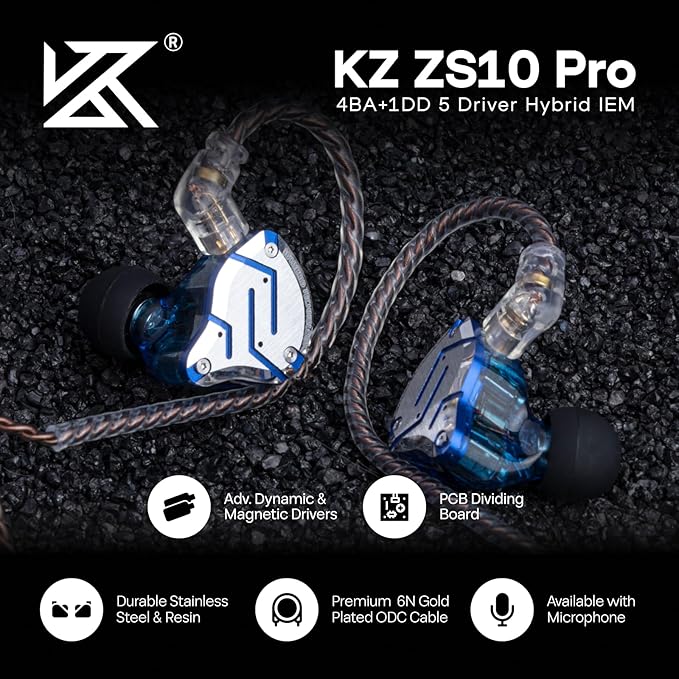 Linsoul KZ ZS10 Pro, 4BA+1DD 5 Driver in Ear Monitor, HiFi Wired Earbuds, Gaming Earbuds, Hybrid IEM Earphones with Stainless Steel Faceplate, Detachable Cable for Musician(with Mic, Glare Blue)
