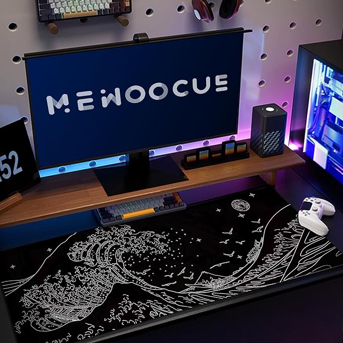 MEWOOCUE® Large Gaming Mouse Pad for Computer,Black Japanese Sea Wave Anime Mouse Mat,Long XXL Waterproof Keyboard Pads,Big Non-Slip Mouse Pads for Game Office Home（31.5 x 11.9 in）