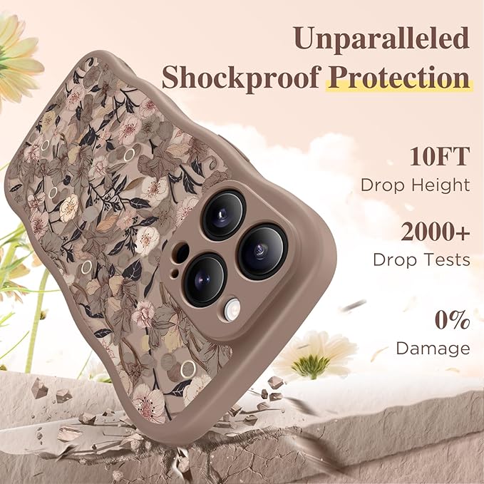 GVIEWIN for iPhone 15 Pro Case Compatible with MagSafe [Curly Wave Edge][Full Camera Protection] Floral Translucent Shockproof Magnetic Women Phone Case for iPhone 15 Pro 6.1'', Apricot Blossom/Brown