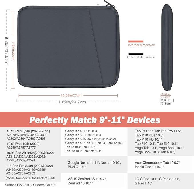 MoKo 9-11 Inch Tablet Sleeve Case, Fits New 11inch iPad Air M4/Pro M5, iPad A16 11", i-Pad 10/9/8/7th/Air 5/4th 10.9"/10.2", Tab S9/S8 11", Protective Bag Carrying Case with Pocket, Dark Gray