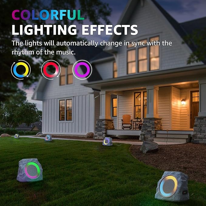 uuffoo 2-Pack Rock Speakers Outdoor Waterproof with RGB Color Lights Multi-Sync Up to 100 Speakers,Auto-Pairing,Solar-Powered and USB Charging for Patio Pool Party Yard Garden Outside