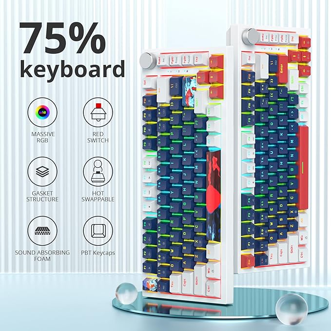 Guffercty kred 75% Percent Blue Wired Keyboard Gasket Mount, Hot-swappable RGB Mechanical Gaming Keyboard Programmable with Knob for Mac/Win (82 Blue Earth)