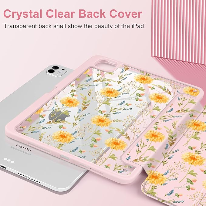 Case for iPad Pro 11 Inch (M5 2025 M4 2024) – [Built-in Pencil Holder], Shockproof & Stylish, Clear Hard Back + Soft TPU Edge, Magnetic Trifold Stand, Auto Wake/Sleep, Yellow Floral