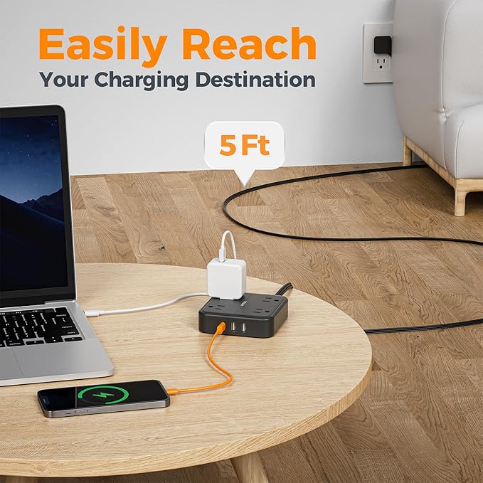 TESSAN Surge Protector Flat Extension Cord 5Ft, Flat Plug Power Strip with 4 Outlets 3 USB Ports (1 USB C), 900 Joules Protection, Multiple Wall Outlet Extender Suitable for Home Office Dorm, Black