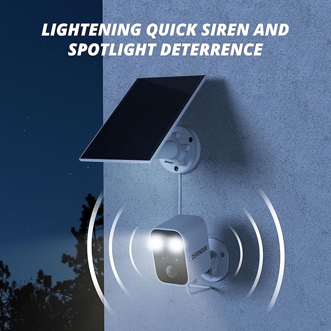 Defender Solar Powered 4K/8MP AI Everwatch Wireless Outdoor Security Camera, Battery Powered, AI Tracking, Color Night Vision, Spotlight/Siren, IP66 Rated, Two-Way Talk, Works w/Empower App