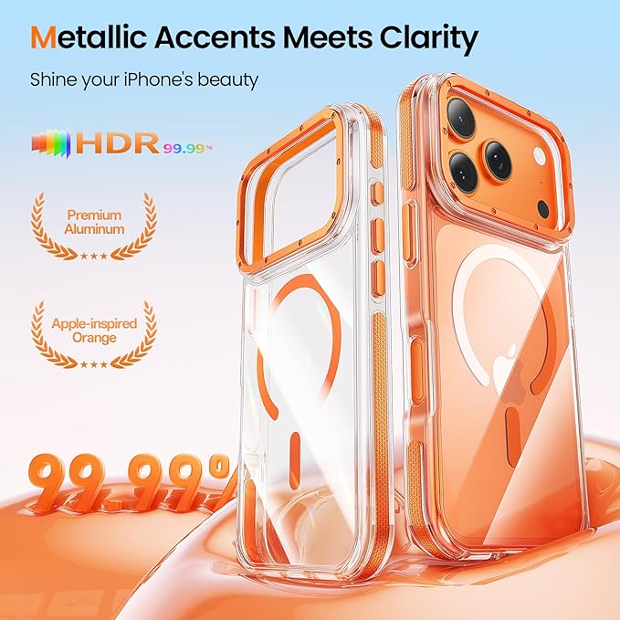 Strong Magnetic for iPhone 17 Pro case with camera lens protector [10Ft Military-Grade Protection] Compatible with fit MagSafe Shockproof Slim Thin Cover case for iPhone 17 Pro 6.3 inch, Clear Orange