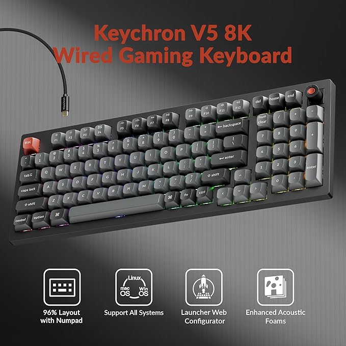 Keychron V5 8K 96% Compact Mechanical Keyboard, 8000 Hz Polling Rate Hot-Swappable QMK Programmable Wired Keyboard with Numpad & Knob, RGB Backlit, Ergonomic for Mac Windows Linux-Tactile Brown Switch