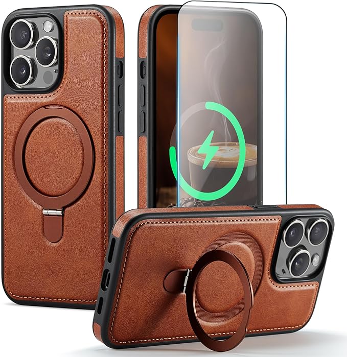 Compatible with iPhone 14 Pro Case with Stand, Compatible with MagSafe, Slim PU Leather & Durable TPU Protective Cover Drop-Proof with Tempered Glass Screen Protector 6.1", Brown