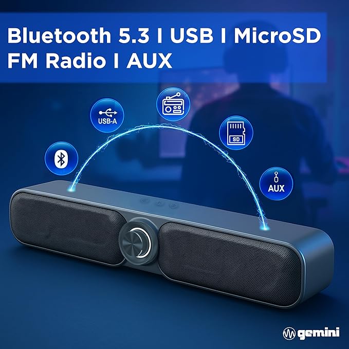 Gemini Portable Bluetooth Soundbar with FM Radio, USB & microSD Wireless Speaker with 3600mAh Battery, Multiple Input Modes, Compact Gaming & Outdoor Audio Bar (GSBR-20)