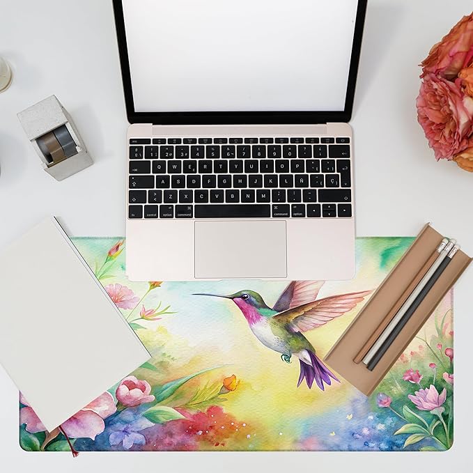 Large Gaming Mouse Pad for Desk, Watercolor Flying Hummingbird Desk Mat, Beautiful Garden Desk Pad, 31.5"x15.7" Extended Big Computer Keyboard Mouse Pad with Non-Slip Base and Stitched Edge