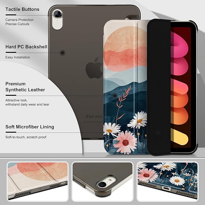 DONGKE for iPad mini 7 (A17 Pro) 2024 & iPad mini 6 2021 8.3 Inch, Slim Foldable Stand Hard PC Translucent Back Shell Smart Cover for iPad mini 7th/6th Generation [Auto Wake/Sleep] - Daisies