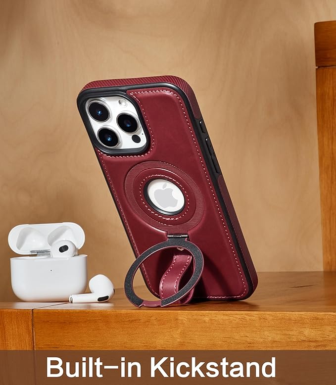 Butaiga for iPhone 15 Pro Max Leather Case with Stand, Anti-Slip Grip Ring, Fits for MagSafe (Burgundy, iPhone 15 Pro Max)
