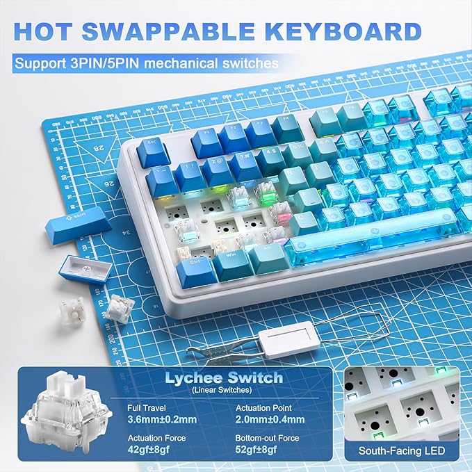 AJAZZ AK980 V2 Pro 98% Dual 8K Mechanical Keyboard, 10000mAh Wireless Tri-Mode Gaming Keyboard with Smart Display & Knob, Hot Swappable BT/2.4G/USB-C for Win/Mac (Blue,Lychee Switch)