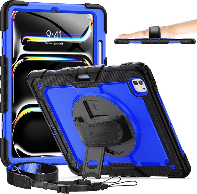 timecity Case for iPad Pro 13 Inch M5 2025/ M4 2024, 360° Rotating Stand, Pencil Holder & Wireless Charging, Shockproof with Screen Protector & Shoulder Strap - for Designers & Professionals,Dark Blue
