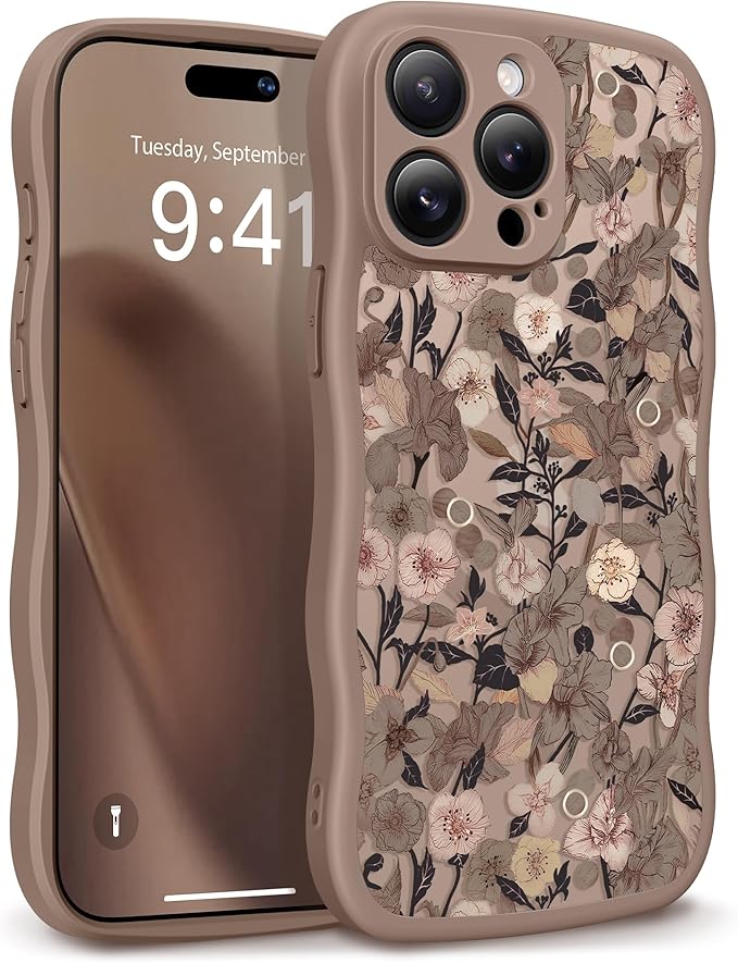 GVIEWIN for iPhone 15 Pro Case Compatible with MagSafe [Curly Wave Edge][Full Camera Protection] Floral Translucent Shockproof Magnetic Women Phone Case for iPhone 15 Pro 6.1'', Apricot Blossom/Brown