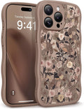 GVIEWIN for iPhone 15 Pro Max Case Compatible with MagSafe [Curly Wave Edge][Full Camera Protection] Floral Translucent Shockproof Magnetic Women Phone Case for 15 Pro Max 6.7'', Apricot Blossom/Brown