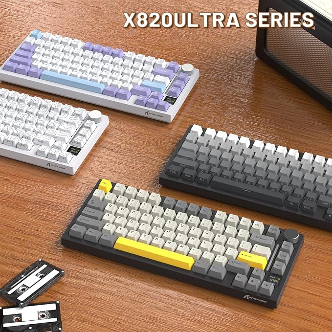 A.JAZZ Attack Shark X820Ultra 75% Wireless Mechanical Gaming Keyboard and Coiled Cable Hot Swappable 2.4GHz/Bluetooth/Wired Keyboard with Screen & Knob RGB Backlit Gasket Mount Gift Switch-Starblack