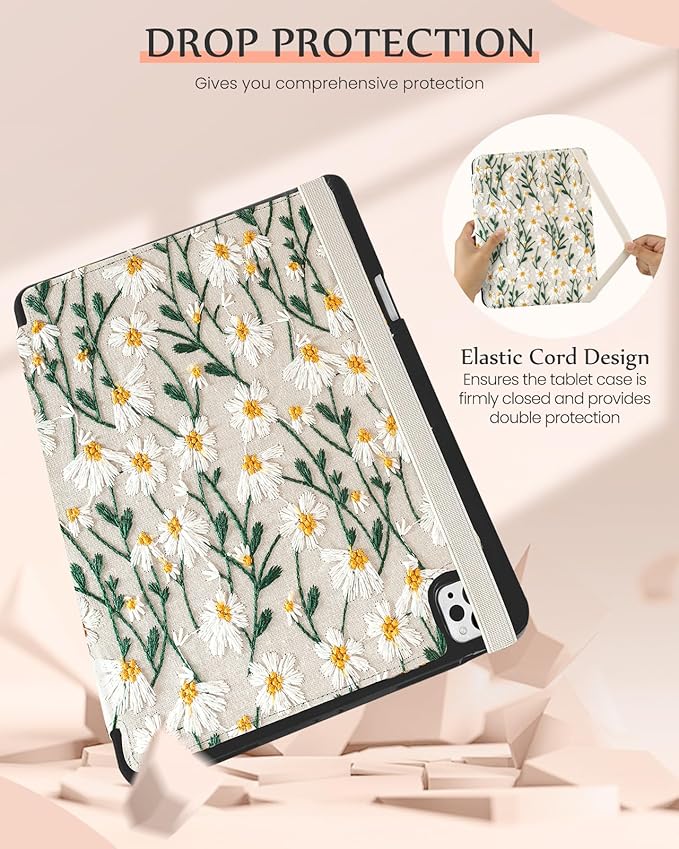 Uppuppy for iPad Air 13 Inch Case M3 2025/M2 2024, for iPad Pro 12.9 Case 6th/5th/4th/3rd Gen - Women Girls Cute Embroidered Folio Stand Cover with Pencil Holder & Card Slot Girly White Daisy Flowers