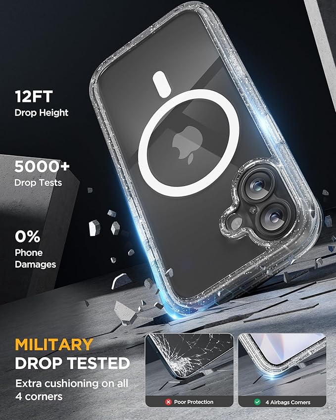 Miracase for iPhone 17 Case 6.3'', Full-Body Military Drop Protection Outdoor Phone case with Built-in Glass Screen &Camera Control,Easy Installation,No Gap,Compatible with MagSafe,Clear Glitter
