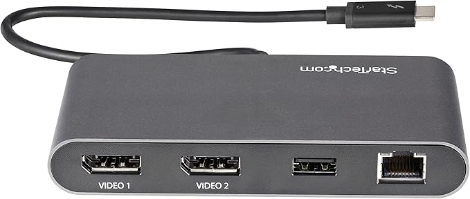 StarTech.com Dual-Monitor Thunderbolt Mini Dock, 4K 60Hz DisplayPort, Driverless Hub for Windows & Mac, Gigabit Ethernet, 1x USB-A (USB 5Gbps), 11in (28cm) Cable, Black & Silver