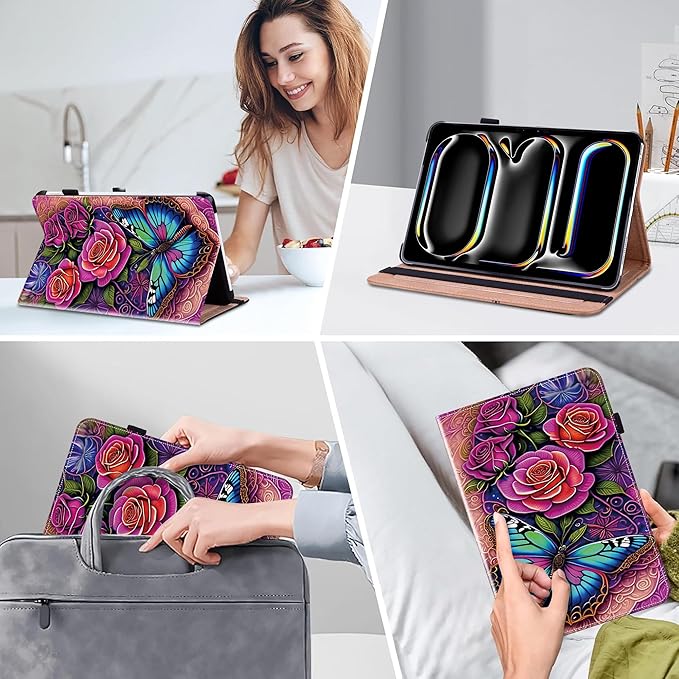 Case for iPad Pro 13 inch (M5/M4) 2025/2024, Premium Leather Folio Stand Protectors Cover with Auto Wake/Sleep, Pencil Holder, Hand Strap and Card Slots - Colorful Butterfly