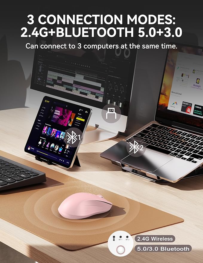 TECKNET Bluetooth Mouse, [ USB + BT1 + BT2 ] Wireless Mouse for Laptop, Silent Click, Ergonomic Design, 4800 DPI Computer Mice Wireless, Dual Mode for Laptop, Computer, iPad, MacBook