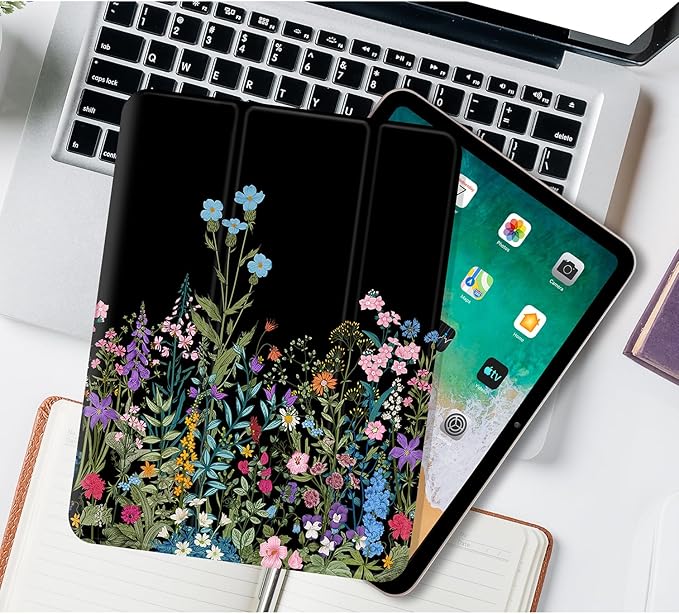 for iPad (A16) 11Th/10Th Generation Case 2025/2022,for iPad Case 11Th/10Th Generation,10Th/11Th Gen Slim Cover Pencil Holder & 2 Viewing Angles & Typing Stand, Colourful Flowers on Black
