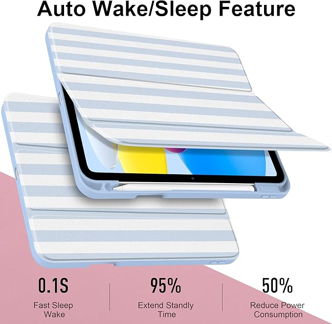 Case for iPad Air 13 inch M4 2026 M3 2025 M2 2024 with Pencil Holder - Cute Preppy Coastal Design Aesthetic Blue White Striped Trifold Cover with Soft TPU Bumper, Clear Back, Auto Sleep/Wake