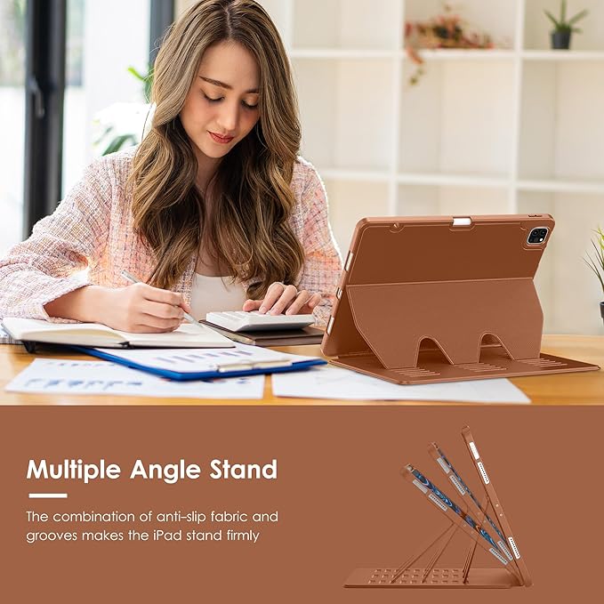 VIKESI Case for iPad Pro 12.9 6th / 5th / 4th / 3rd Generation Case 2022/2021/2020/2018,Multiple Angles Magnetic Stand Cover,Shockproof Soft Back,Pencil Holder,and Auto Sleep/Wake,Brown