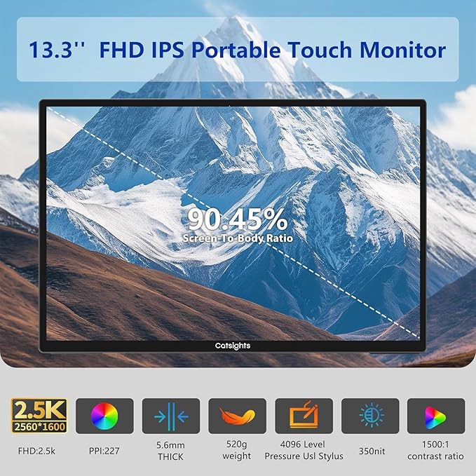 Portable Monitor Touchscreen for Mac 13.3" 2.5K Touch Screen Monitor with Protective Sleeve, USB-C Plug & Play 1500:1 0.22" Laptop Screen Extender for Mac Laptop PC Without Stand and Stylus