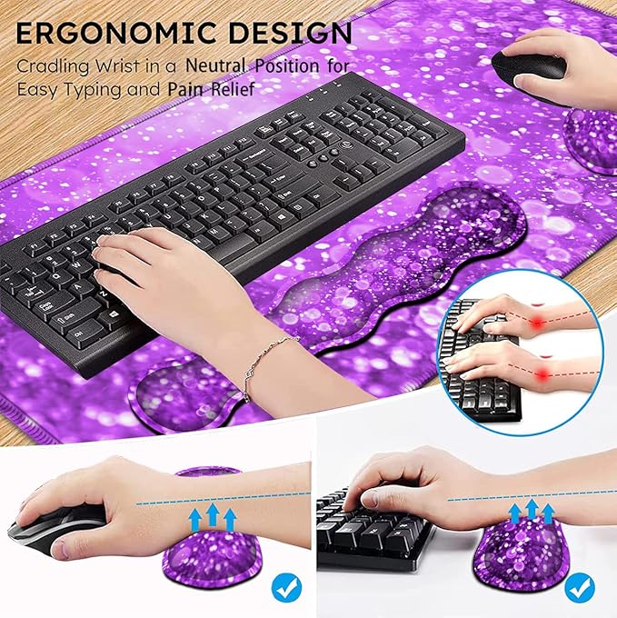 Large Gaming Mouse Pad (31.5x11.8 in), Rubber Base XXL Mousepad with Stitched Edges, Ergonomic Keyboard Wrist Rest, Extended Mouse Mat Desk Pad for Work, Game, Office, Purple Mousepad