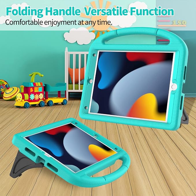 Kids Case for iPad 10.2 & 10.5, iPad 9th/8th/7th Generation 10.2" 2021 2020 2019 Case with Screen Protector, iPad Air 3rd Gen/Pro 10.5 inch Protective Cover with Handle Stand, Cyan