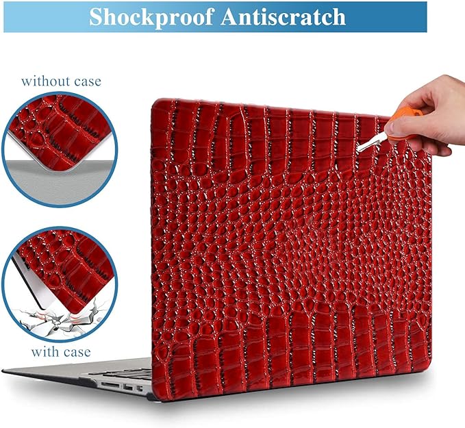 Compatible with Crocodile MacBook Air 13 inch Case 2021 2020 2019 2018 M1 A2337 A2179 A1932, Textured Elegant Luxury Aligator Skin Snakeskin PU Leather Hard Shell & Keyboard Cover, Burgandy