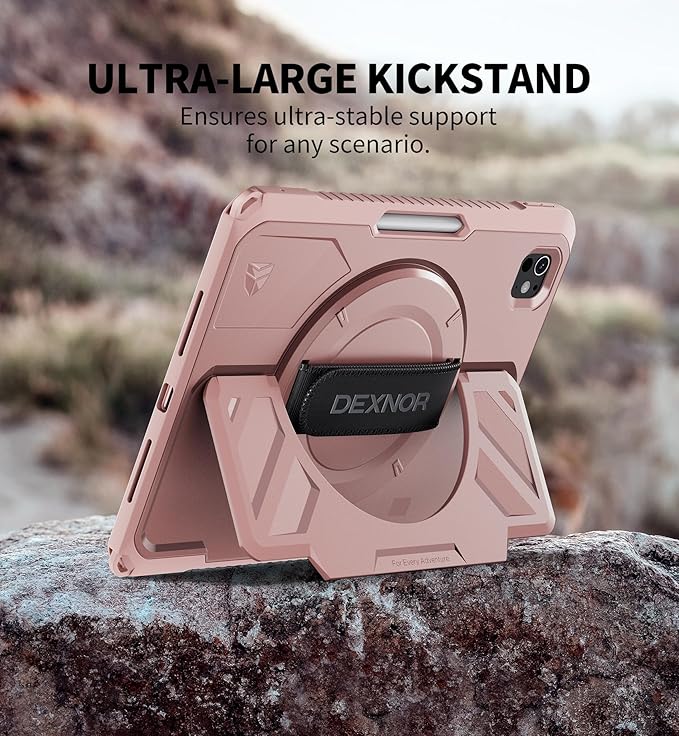 Dexnor for iPad Pro 11 inch Case M5 2025/M4 2024, Rugged Protective Case with 360° Rotating Hand Strap & Large Steady Stand & Screen Protector & Pencil Holder Shockproof Full-Body Bumper Cover, Pink