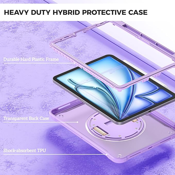 ProCase for iPad Air 11-inch M4 2026/ M3 2025/ M2 2024/ Air 5th / 4th Gen 10.9"/ iPad Pro 11" 4th/3rd/2nd/1st Gen, Heavy Duty Shockproof Cover with Hand Strap 360 Degree Rotatable Kickstand -Purple
