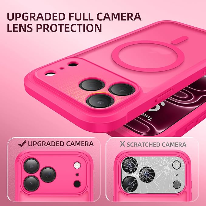 BERFY for iPhone 17 Pro Max Case, Compatible with MagSafe, Built-in Glass Screen Protector, Camera Protection, Shockproof Full Body Phone case 6.9", Translucent Hot Pink